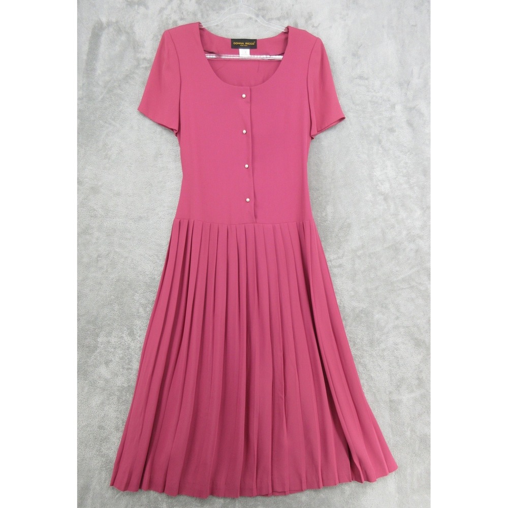 Vintage Donna Ricco Dress Womens Size 8 Pleated Maxi Modest Pearl Buttons Tie